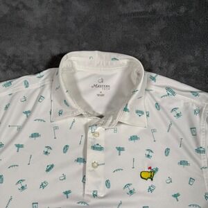 Masters Tech White Golf Polo Shirt Men's Medium All Over Print Logo
